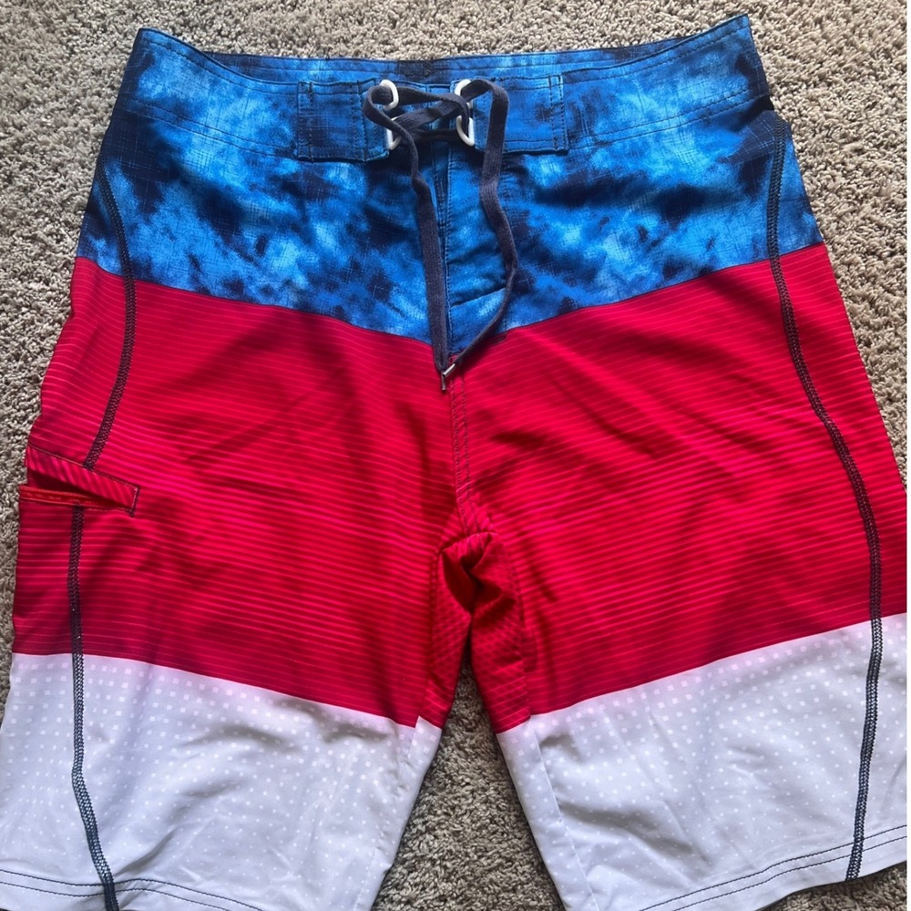 Joe‎ Boxer Board Shorts Mens 32 Red White Blue Tie Dye Surf